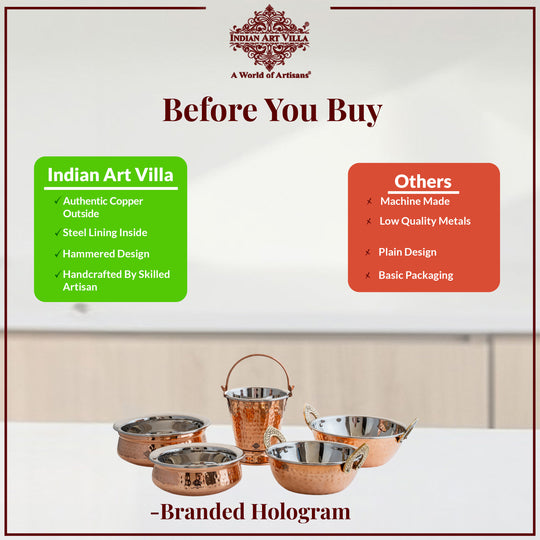 Handmade Pure Steel Copper 2 Kadhai 2 Handi 1 Bucket Serving Set
