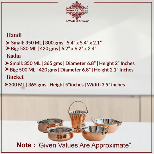 Handmade Pure Steel Copper 2 Kadhai 2 Handi 1 Bucket Serving Set