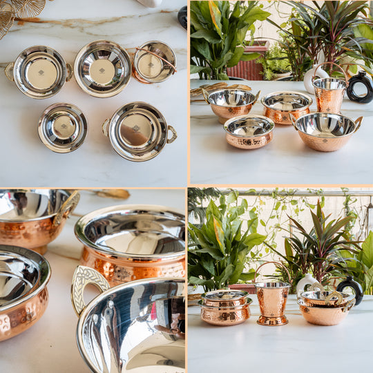 Handmade Pure Steel Copper 2 Kadhai 2 Handi 1 Bucket Serving Set