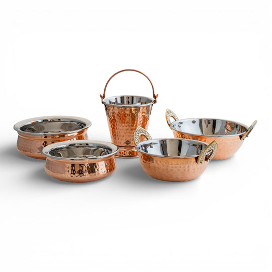 Handmade Pure Steel Copper 2 Kadhai 2 Handi 1 Bucket Serving Set