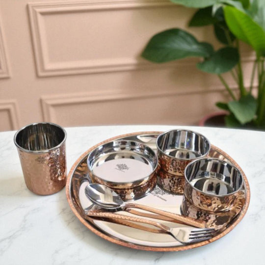 Steel Copper Hammered Design 7 Pieces Dinner Set/Thali Set of 1 Thali, 1 Glass, 1 Spoon, 1 Fork, 1 Small Plate & 2 Bowls, Dinnerware, Tableware Or Crockery
