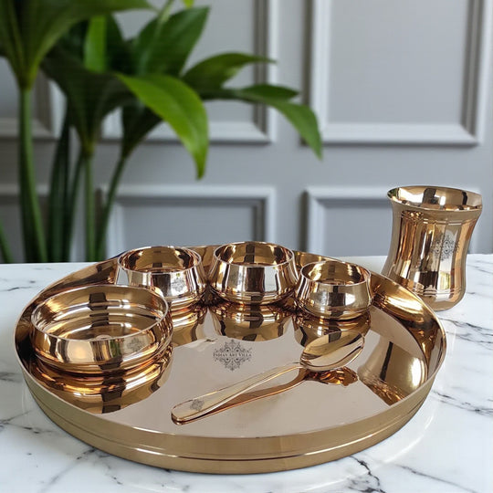 Handcrafted Pure Bronze Curve Shaped 7 Pieces Dinner Set | Thali Set with Mirror Shine Finish