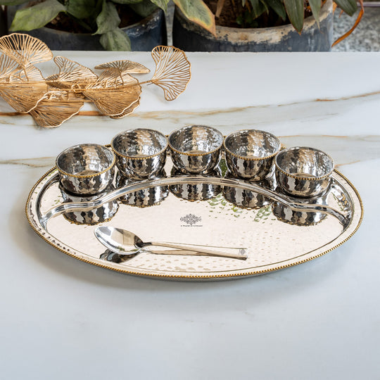 Stainless Steel Oval Thali Plate Set with 5 Bowls & Spoon