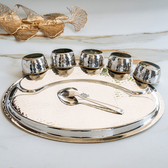 Stainless Steel Oval Thali Plate Set with 5 Bowls & Spoon