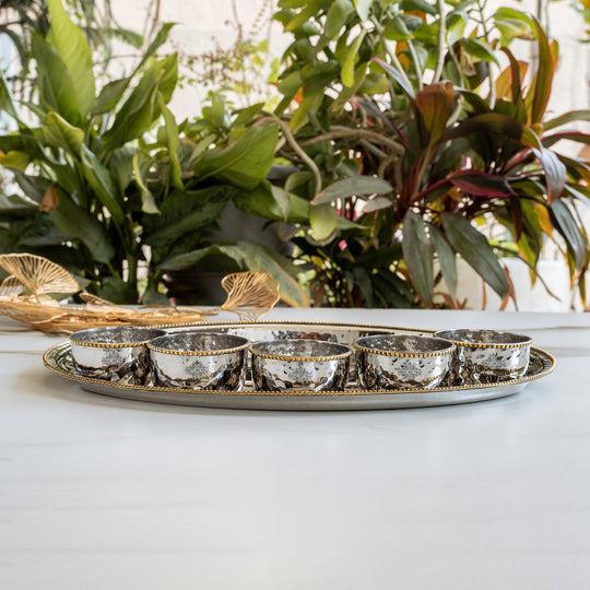 Stainless Steel Oval Thali Plate Set with 5 Bowls & Spoon