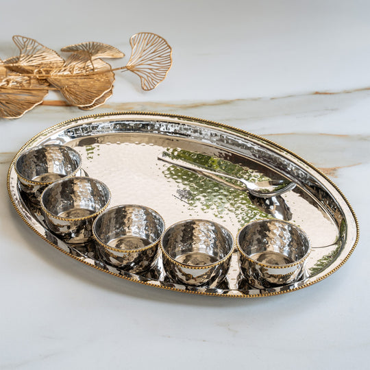Stainless Steel Oval Thali Plate Set with 5 Bowls & Spoon