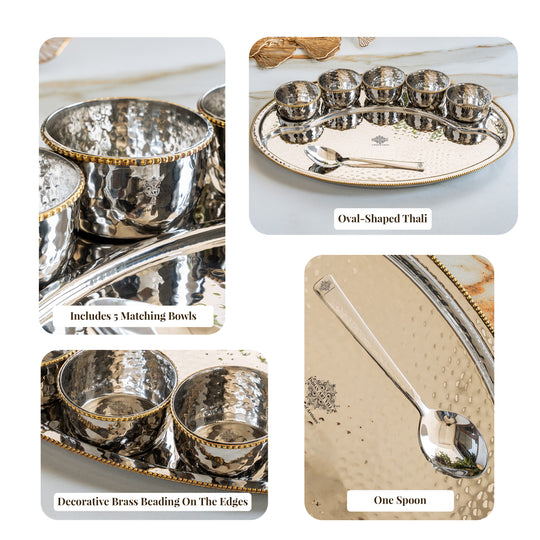 Stainless Steel Oval Thali Plate Set with 5 Bowls & Spoon