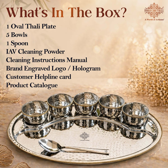 Stainless Steel Oval Thali Plate Set with 5 Bowls & Spoon