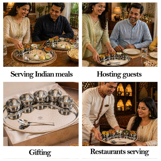 Stainless Steel Oval Thali Plate Set with 5 Bowls & Spoon