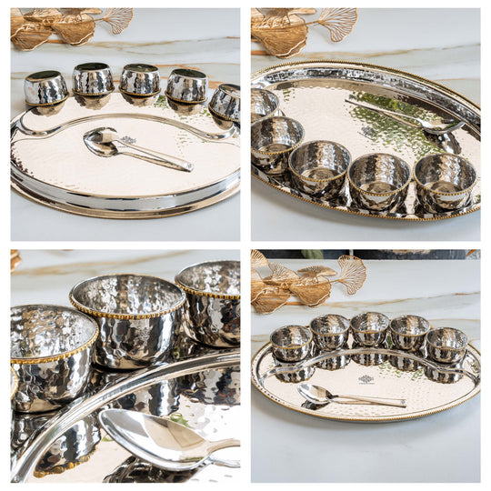 Stainless Steel Oval Thali Plate Set with 5 Bowls & Spoon