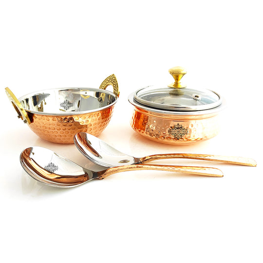 Steel Copper Hammered Handi Kadhai Set with Glass Lid – 5 Pcs