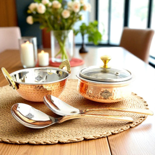Steel Copper Hammered Handi Kadhai Set with Glass Lid – 5 Pcs