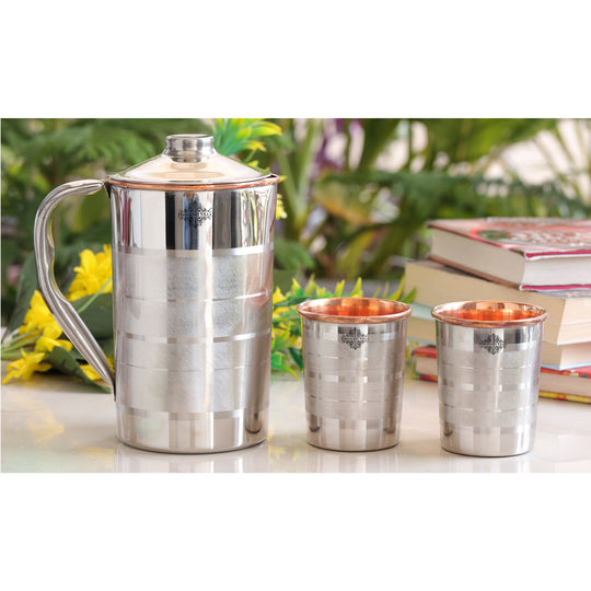 Luxury Fusion Steel-Copper Jug & Tumbler Set – Handmade 3-Piece Wellness Gift for Modern Ayurvedic Living