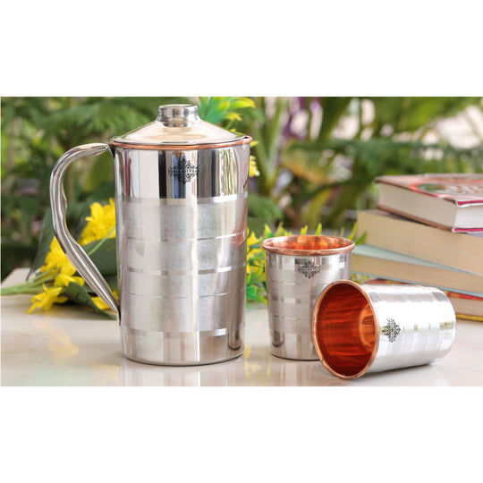 Luxury Fusion Steel-Copper Jug & Tumbler Set – Handmade 3-Piece Wellness Gift for Modern Ayurvedic Living