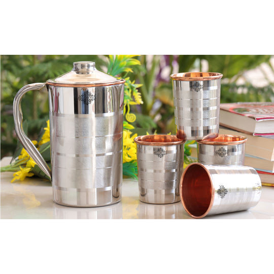 Luxury Fusion Steel-Copper Jug & Tumbler Set – Handmade 5-Piece Wellness Gift for Modern Ayurvedic Living
