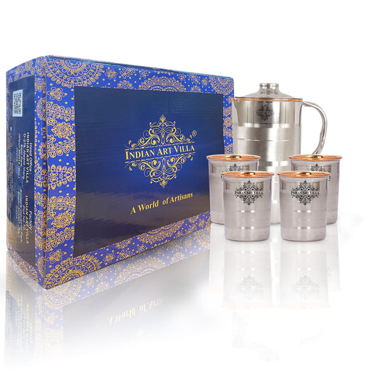 Luxury Fusion Steel-Copper Jug & Tumbler Set – Handmade 7-Piece Wellness Gift for Modern Ayurvedic Living