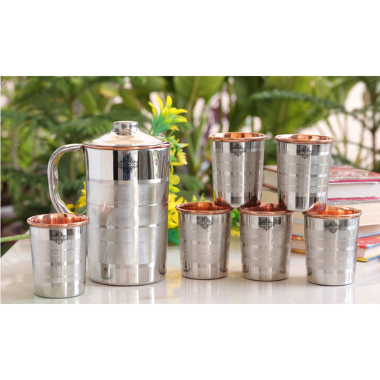 Luxury Fusion Steel-Copper Jug & Tumbler Set – Handmade 7-Piece Wellness Gift for Modern Ayurvedic Living