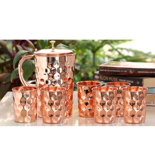 Sparkling Hammered Diamond Design Copper Jug Set – Indian Art Villa 7-Piece Luxury Gift for Health & Style