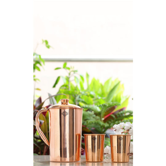 Plain Copper Jug with 2 Tumblers – Indian Art Villa Handcrafted 3-Piece Gift Set in Premium Packaging