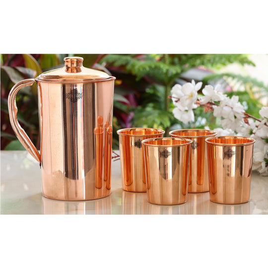 Plain Copper Jug with 4 Tumblers – Indian Art Villa Handcrafted 5-Piece Gift Set in Premium Packaging