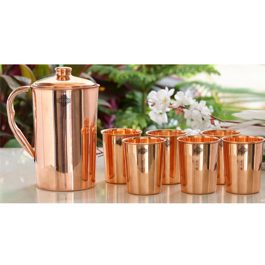 Plain Copper Jug with 6 Tumblers – Indian Art Villa Handcrafted 7-Piece Gift Set in Premium Packaging