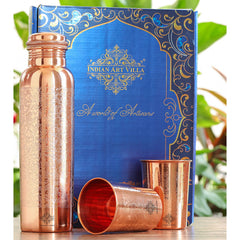 Pure Copper Embossed Leak Proof Water Bottle & Two Glasses with a Gift Box
