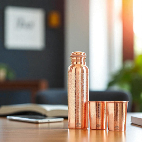 Pure Copper Embossed Leak Proof Water Bottle & Two Glasses with a Gift Box