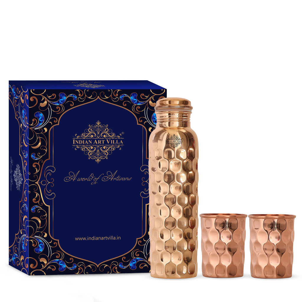 Indian Art Villa Pure Copper Drinkware Gift Set of Diamond Hammered Design 1 Bottle & 2 Glass With Royal Blue Gift Box, Gift item for Diwali, Bithday & Parties