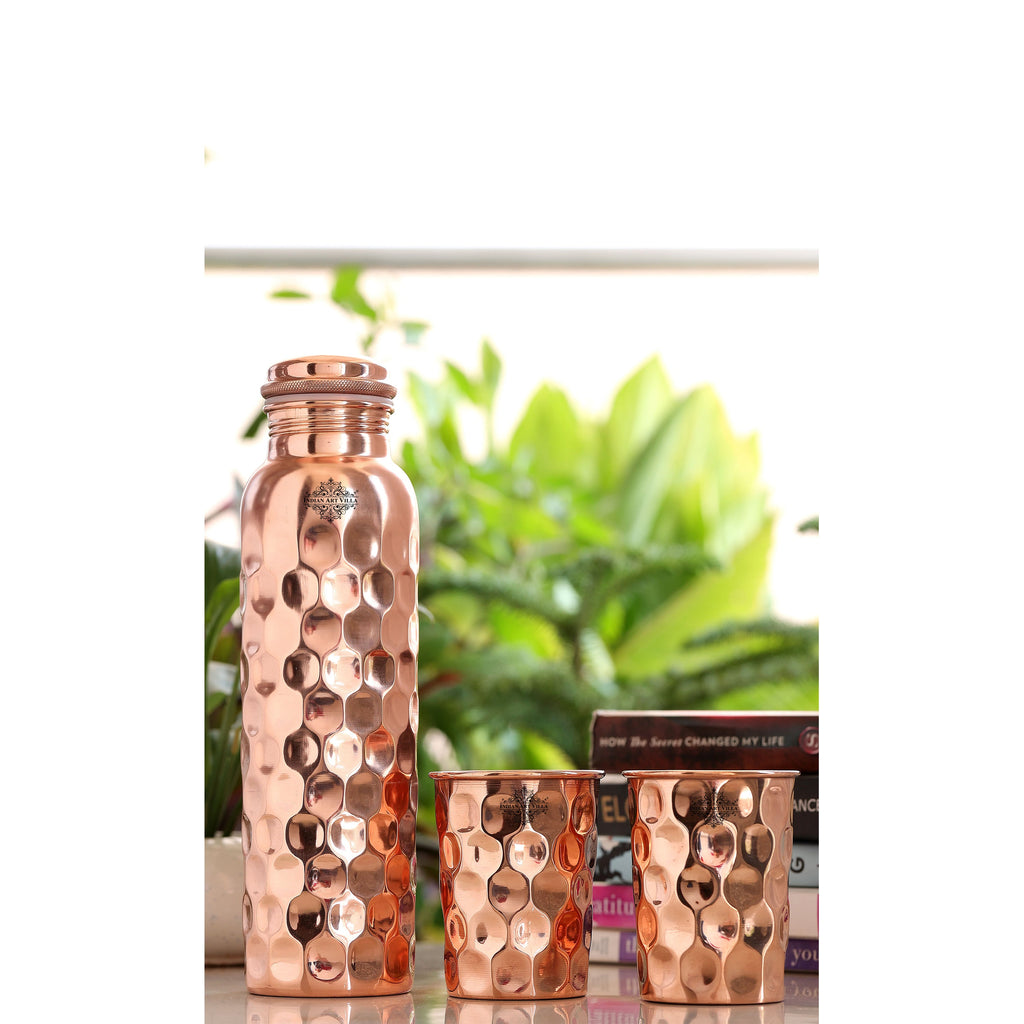 Indian Art Villa Set of Pure Copper Diamond Hammered Leak Proof Water Bottle & Two Glasses with a Gift Box, Drinkware