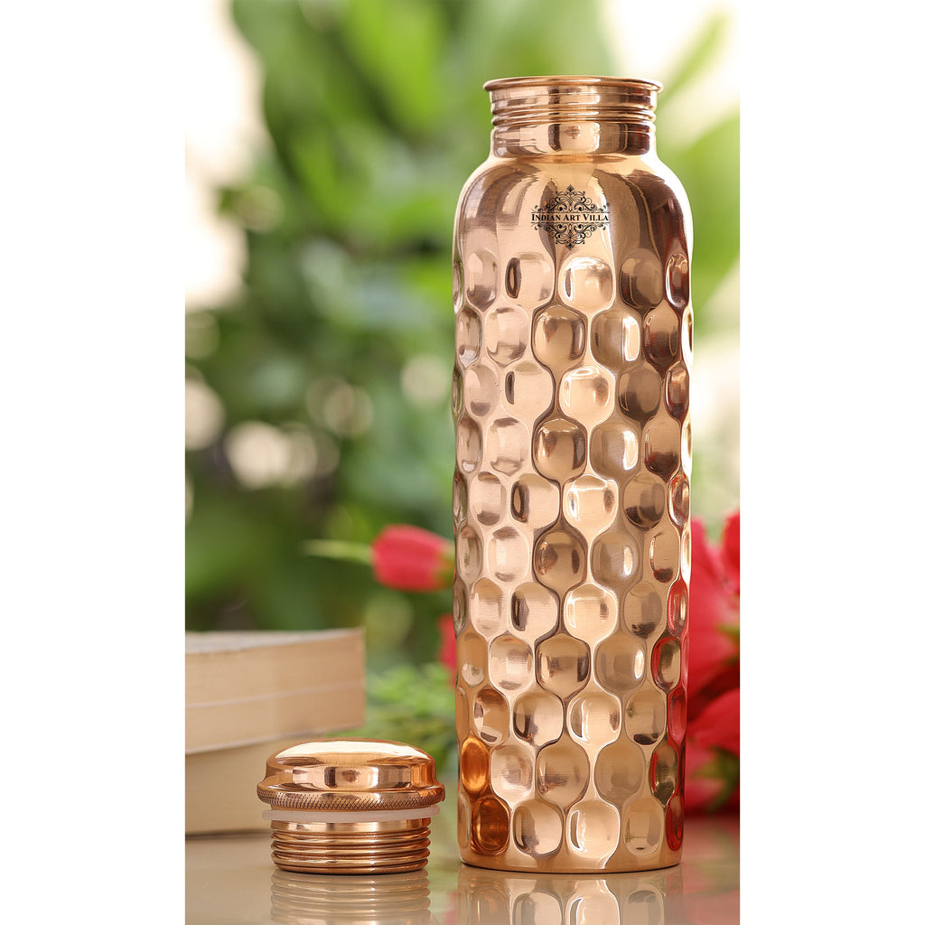 Indian Art Villa Set of Pure Copper Diamond Hammered Leak Proof Water Bottle & Two Glasses with a Gift Box, Drinkware