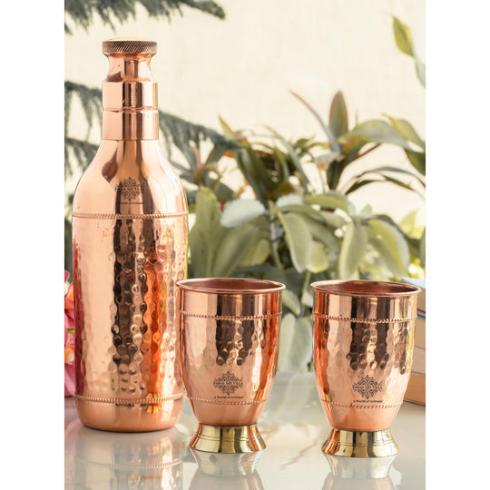 Pure Copper Hammered Leak Proof Cocktail Water Bottle & Two Glass