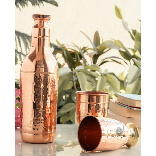 Pure Copper Hammered Leak Proof Cocktail Water Bottle & Two Glass