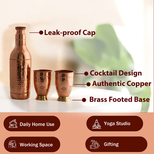 Pure Copper Hammered Leak Proof Cocktail Water Bottle & Two Glass