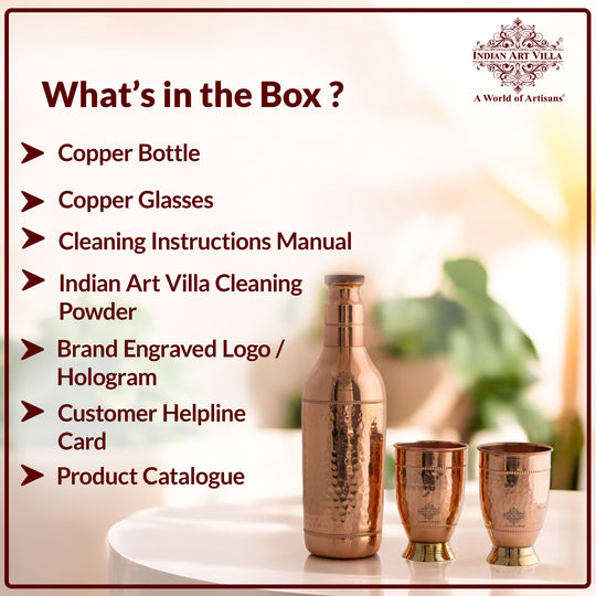 Pure Copper Hammered Leak Proof Cocktail Water Bottle & Two Glass