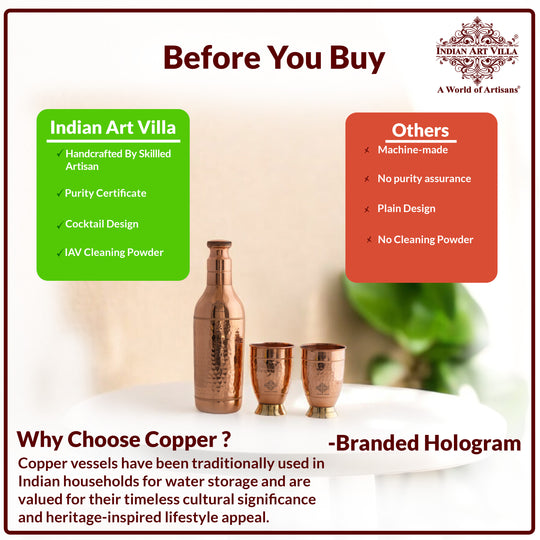 Pure Copper Hammered Leak Proof Cocktail Water Bottle & Two Glass