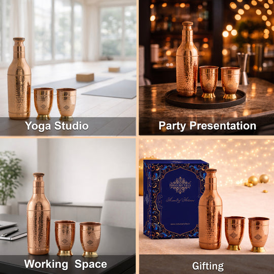 Pure Copper Hammered Leak Proof Cocktail Water Bottle & Two Glass