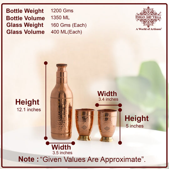 Pure Copper Hammered Leak Proof Cocktail Water Bottle & Two Glass