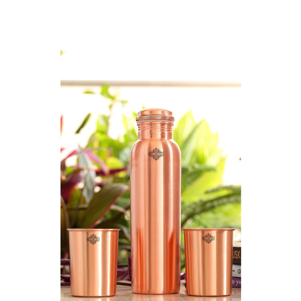 Indian Art Villa Set Of Pure Copper Matt Finish Lacquer Coated Leak Proof Water Bottle & 2 Glasses With Blue Gift Box, Drinkware