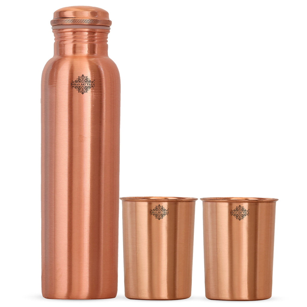 Indian Art Villa Set Of Pure Copper Matt Finish Lacquer Coated Leak Proof Water Bottle & 2 Glasses With Blue Gift Box, Drinkware