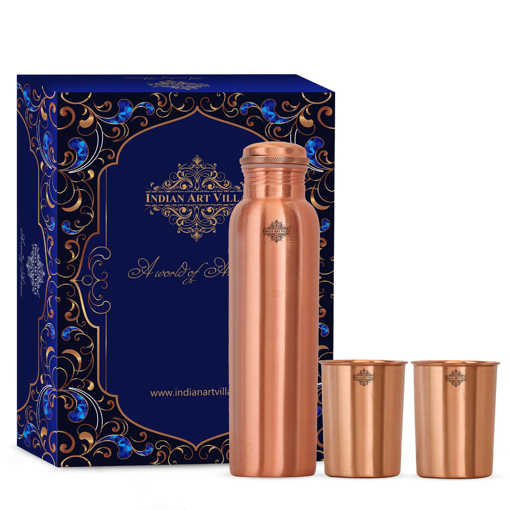Set Of Pure Copper Matt Finish Lacquer Coated Leak Proof Water Bottle & 2 Glasses With Blue Gift Box, Drinkware