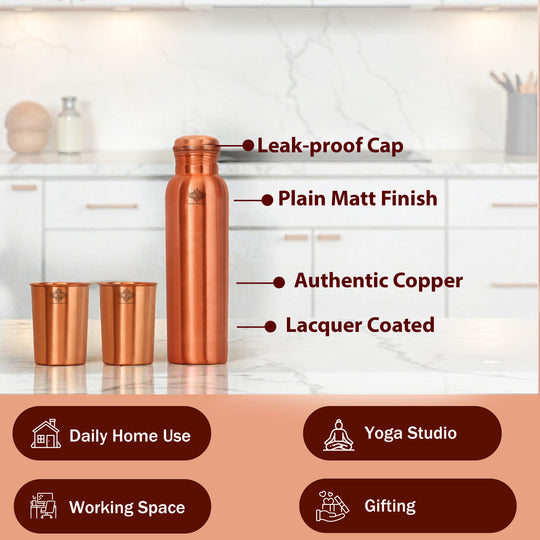 Pure Copper Matt Finish Lacquer Coated Water Bottle & 2 Glass