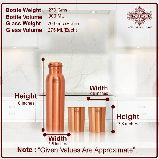 Pure Copper Matt Finish Lacquer Coated Water Bottle & 2 Glass