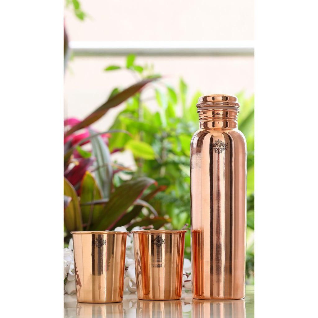 Set of Pure Copper Gloosy Look Leak Proof Water Bottle & Two Glasses with a Blue Gift Box, Drinkware