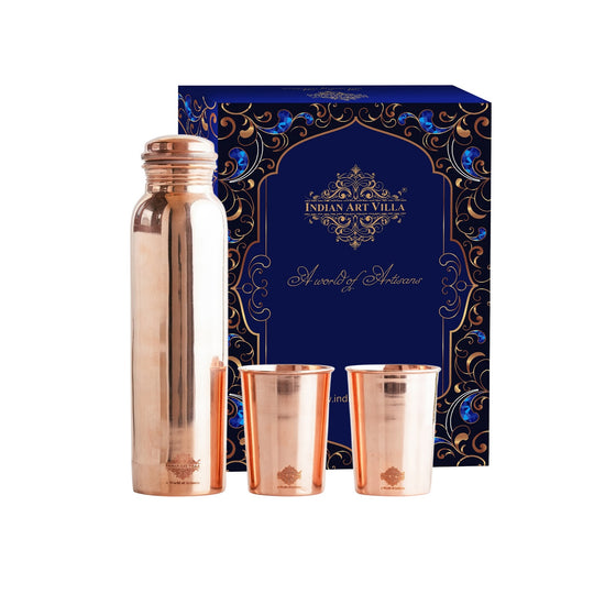 Pure Copper Glossy Look Leak Proof Water Bottle & Two Glasses with a Gift Box