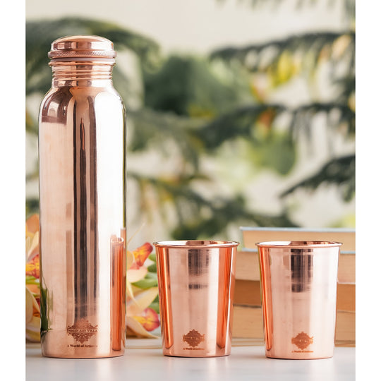 Pure Copper Glossy Look Leak Proof Water Bottle & Two Glasses with a Gift Box
