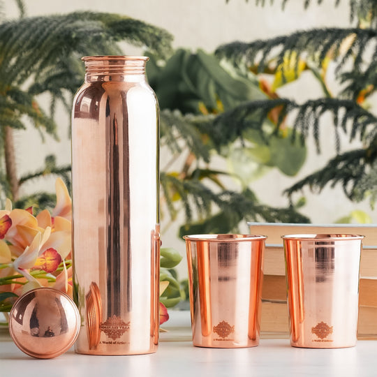 Pure Copper Glossy Look Leak Proof Water Bottle & Two Glasses with a Gift Box
