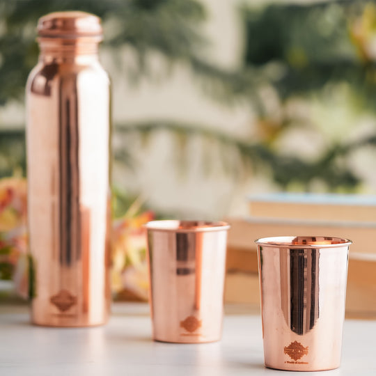 Pure Copper Glossy Look Leak Proof Water Bottle & Two Glasses with a Gift Box