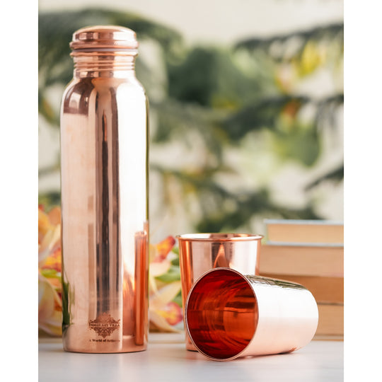 Pure Copper Glossy Look Leak Proof Water Bottle & Two Glasses with a Gift Box