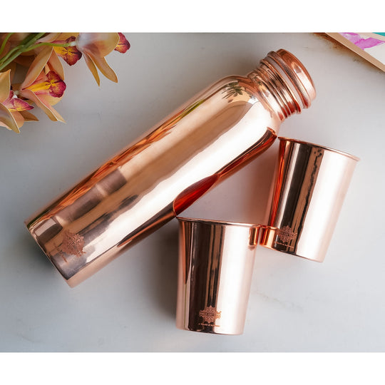 Pure Copper Glossy Look Leak Proof Water Bottle & Two Glasses with a Gift Box
