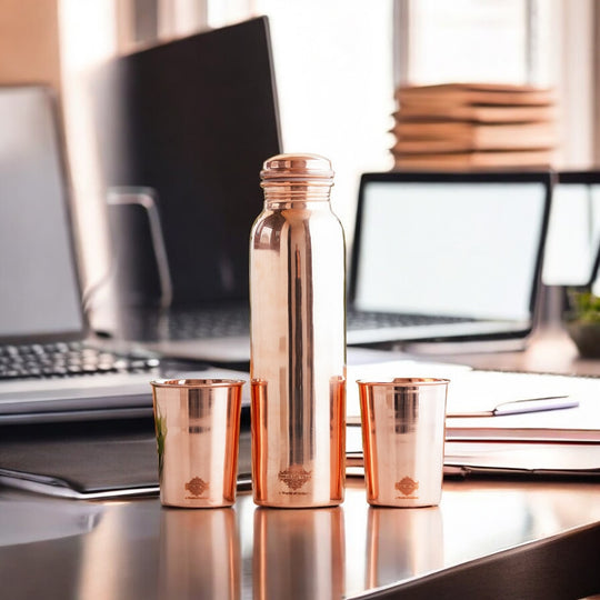 Pure Copper Glossy Look Leak Proof Water Bottle & Two Glasses with a Gift Box